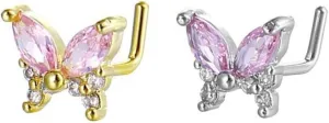 20G Pink CZ Butterfly Nose Studs for Women Gold Plated Crystal L Bend Nostril Piercing Stud Hoop Rings Cute Birthday Holiday Dainty Body Jewelry 2 pcs