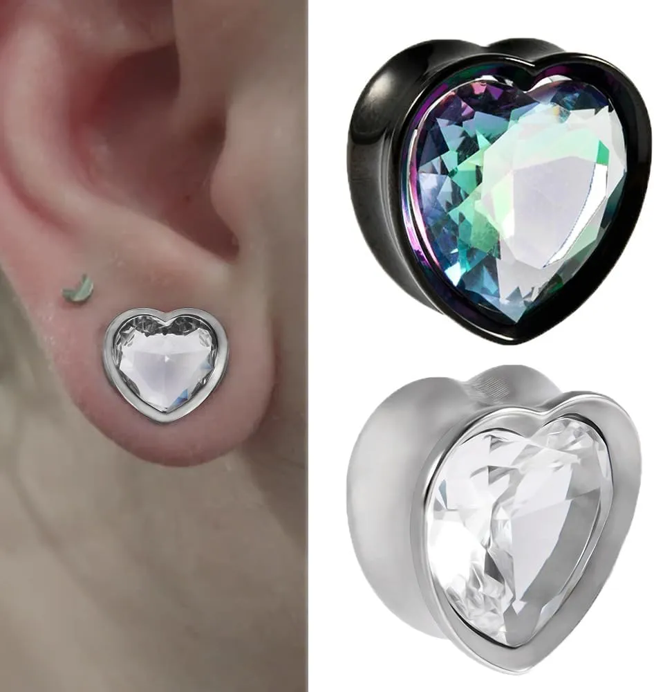 2PCS Heart Zircon Double Flared 316L Surgical Steel Ear Tunnels and Plugs Stretcher Expander Piercing Ear Gauge Body Jewelry 8mm-25mm