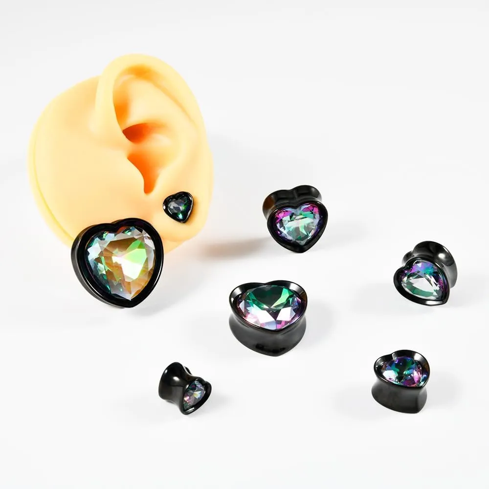 2PCS Heart Zircon Double Flared 316L Surgical Steel Ear Tunnels and Plugs Stretcher Expander Piercing Ear Gauge Body Jewelry 8mm-25mm