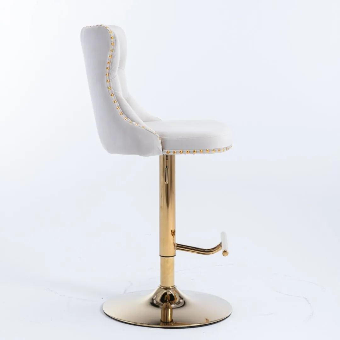 2x Height Adjustable Swivel Bar Stool Velvet Studs Barstool with Footrest and Golden Base- Beige