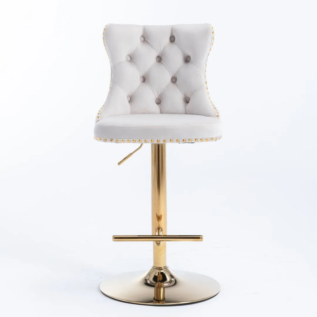2x Height Adjustable Swivel Bar Stool Velvet Studs Barstool with Footrest and Golden Base- Beige