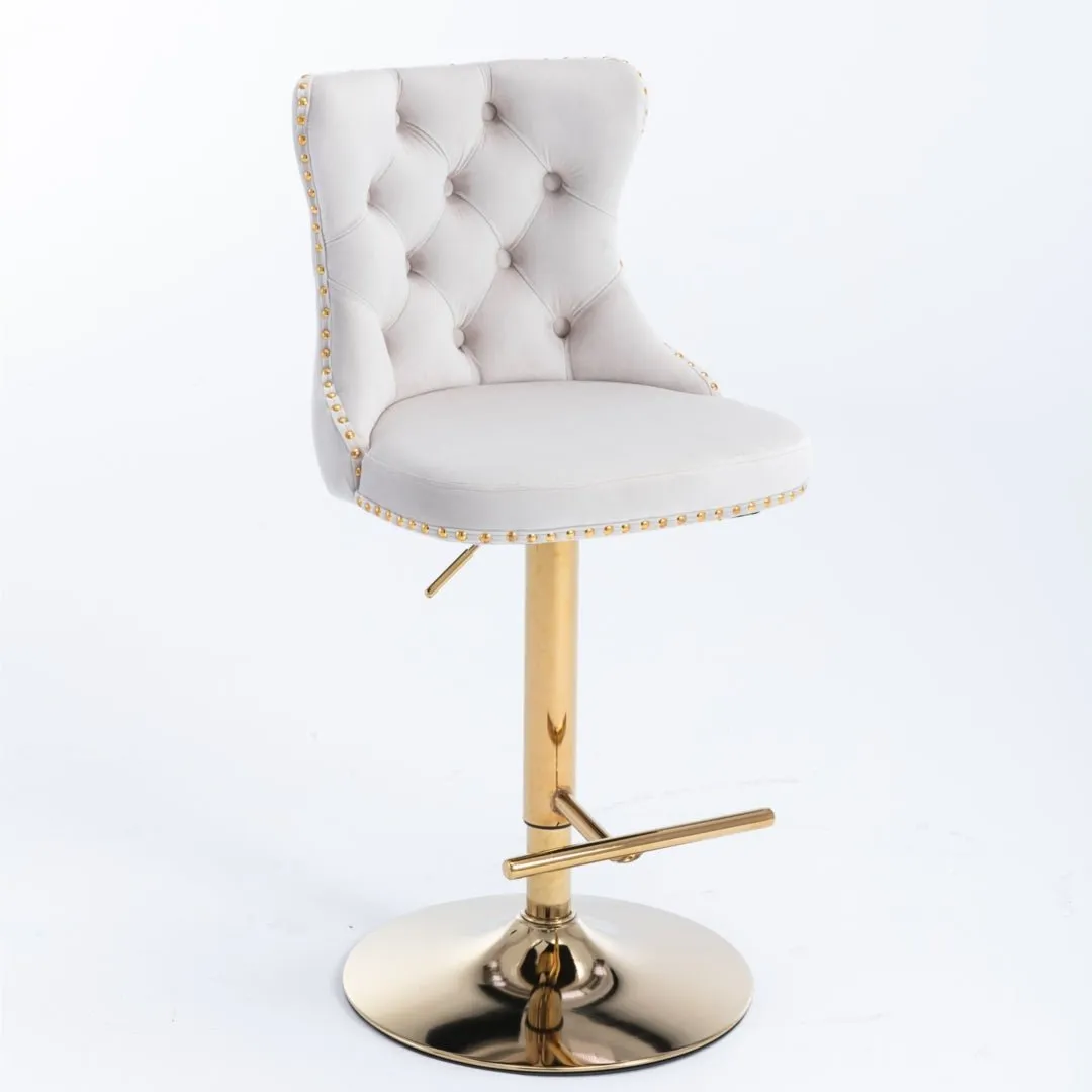 2x Height Adjustable Swivel Bar Stool Velvet Studs Barstool with Footrest and Golden Base- Beige