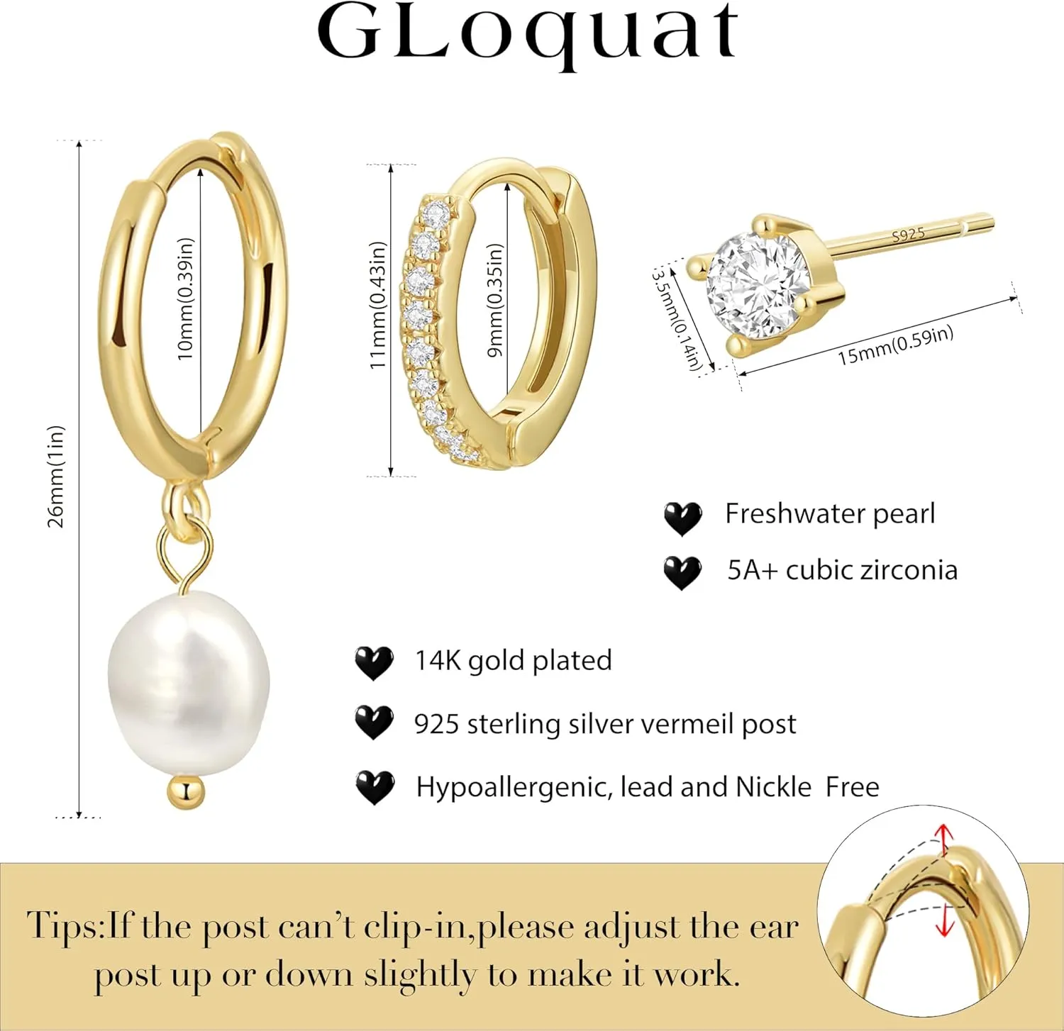 3 Pairs 14k CZ Gold Huggie Hoop Cartilage Earrings Set: Dainty CZ Stud Trendy Dangle Pearl Hoop Earrings Hypoallergenic Leaf Piercing Climber Huggie Earring for Women Gold Jewelry for Everyday