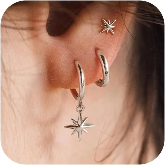 3 Pairs 14k CZ Gold Huggie Hoop Cartilage Earrings Set: Dainty CZ Stud Trendy Dangle Pearl Hoop Earrings Hypoallergenic Leaf Piercing Climber Huggie Earring for Women Gold Jewelry for Everyday