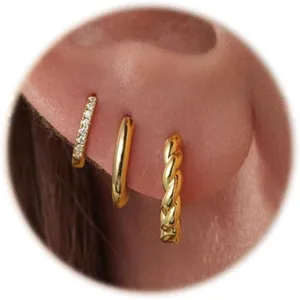 3 Pairs 14K Gold Plated Huggie Hoop Earrings for Women Hypoallergenic Lightweight Small Chunky Hoops for Sensitive Ears, Multiple Piercing Jewelry Set, Trendy Stack Everyday Earrings Gift
