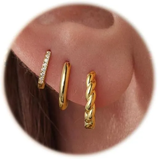 3 Pairs 14K Gold Plated Huggie Hoop Earrings for Women Hypoallergenic Lightweight Small Chunky Hoops for Sensitive Ears, Multiple Piercing Jewelry Set, Trendy Stack Everyday Earrings Gift