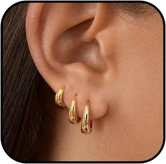 3 Pairs Gold Chunky Hoop Earrings Stantement Huggie Earrings Minimalist Triple Hoops Small Earrings Set Trendy Hypoallergenic Stacks Huggie Jewelry Everyday Wear Earrings