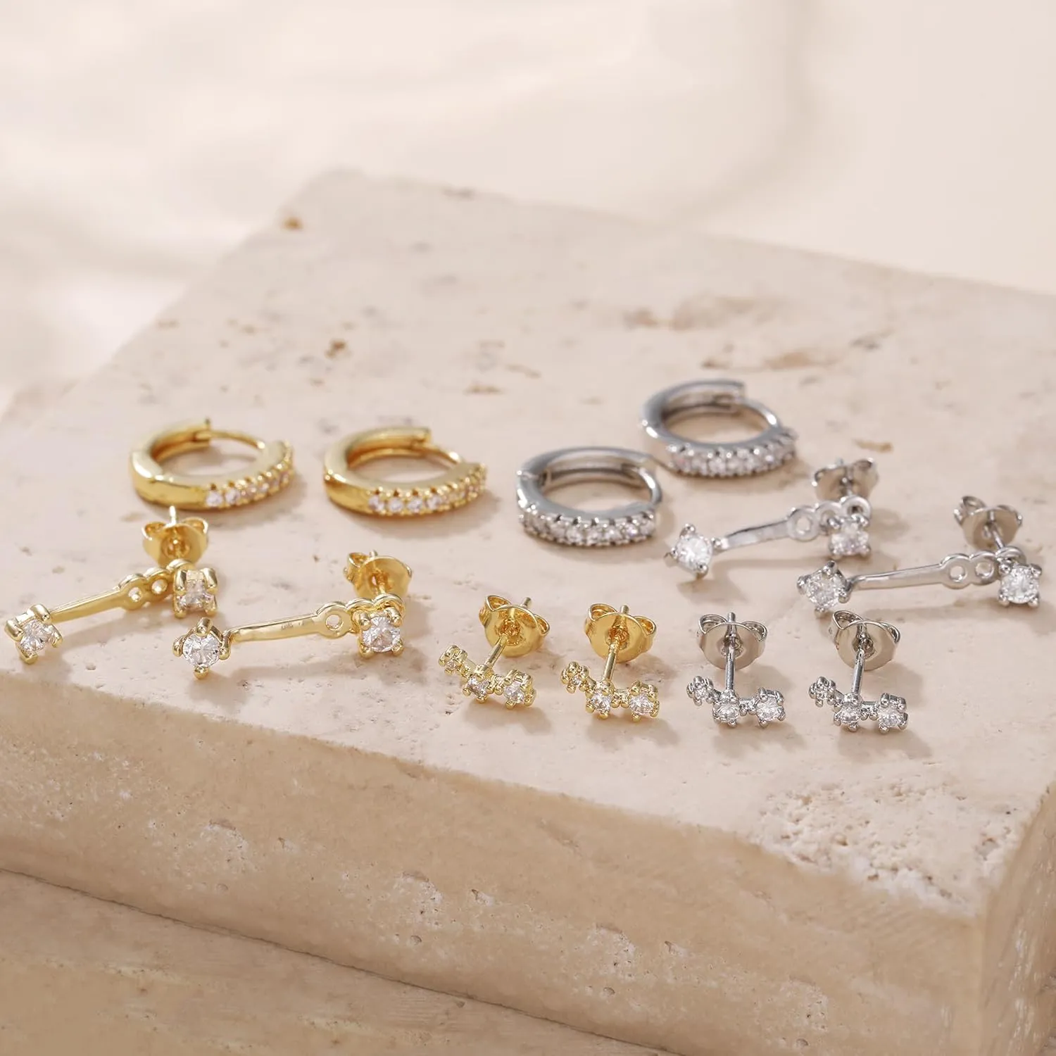 3 Pairs Huggie Hoop Earring Set 18K Gold Plated Cubic Zirconia Cartilage Earrings, Multi Piercings Ear Jacket Earring Climber Stud Earring for Women Everyday Earrings