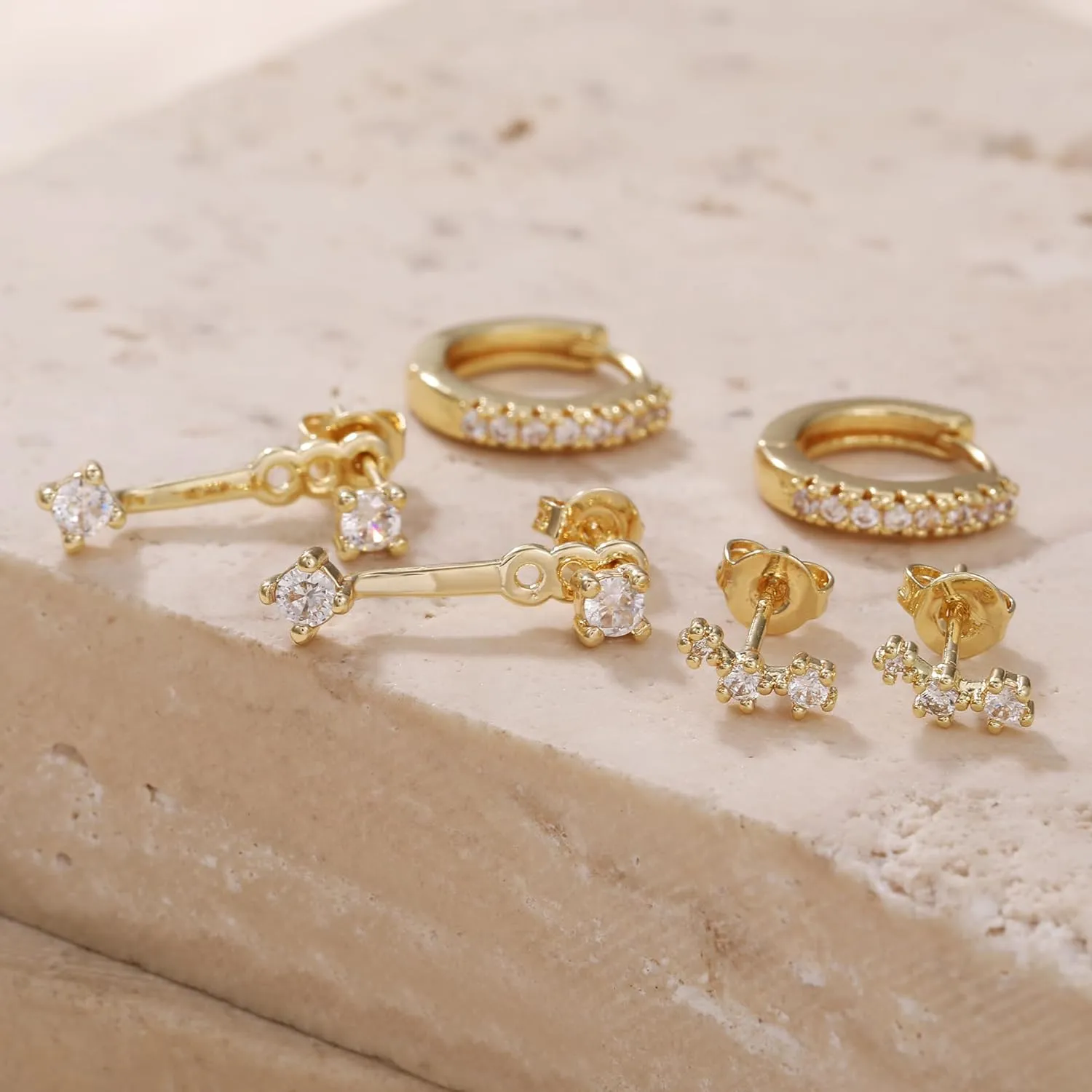3 Pairs Huggie Hoop Earring Set 18K Gold Plated Cubic Zirconia Cartilage Earrings, Multi Piercings Ear Jacket Earring Climber Stud Earring for Women Everyday Earrings