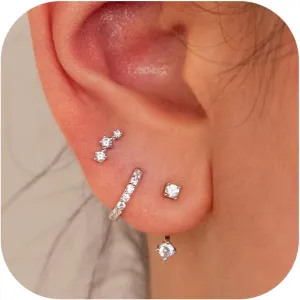 3 Pairs Huggie Hoop Earring Set 18K Gold Plated Cubic Zirconia Cartilage Earrings, Multi Piercings Ear Jacket Earring Climber Stud Earring for Women Everyday Earrings