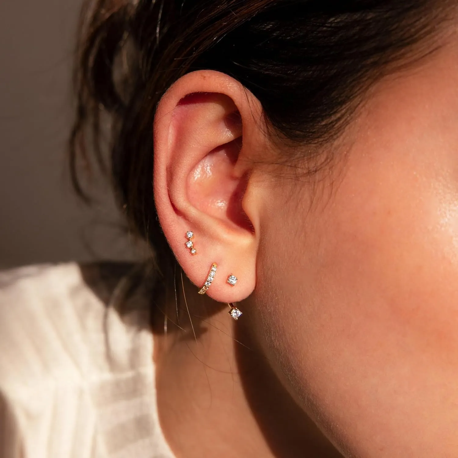 3 Pairs Huggie Hoop Earring Set 18K Gold Plated Cubic Zirconia Cartilage Earrings, Multi Piercings Ear Jacket Earring Climber Stud Earring for Women Everyday Earrings
