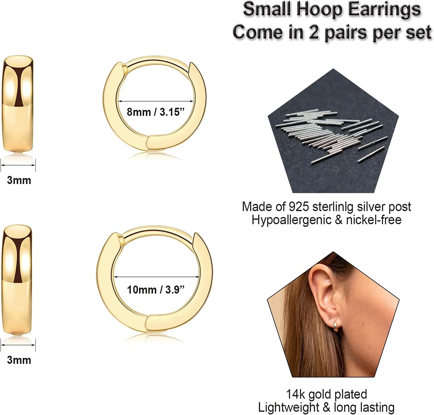 3 Pairs Small Hoop Earrings for Women Men, Sterling Silver Post Sleeper Cartilage Huggie Earring Set, 3mm in Width, Diameter in 8mm 10mm 12mm