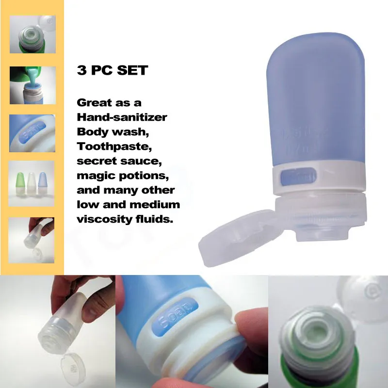 3 Travel Silicone Bottles Squeeze Tube Leak Proof Containers Refill TSA Approved
