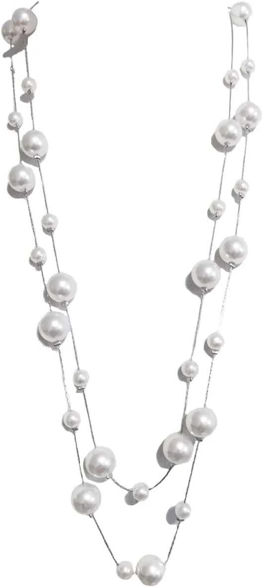31 Long Layered Necklace for Women Double Layer Necklace Chain with Pearl/Resin Cube Vintage Retro Winter Sweater Party Dress Jewelry Accessories
