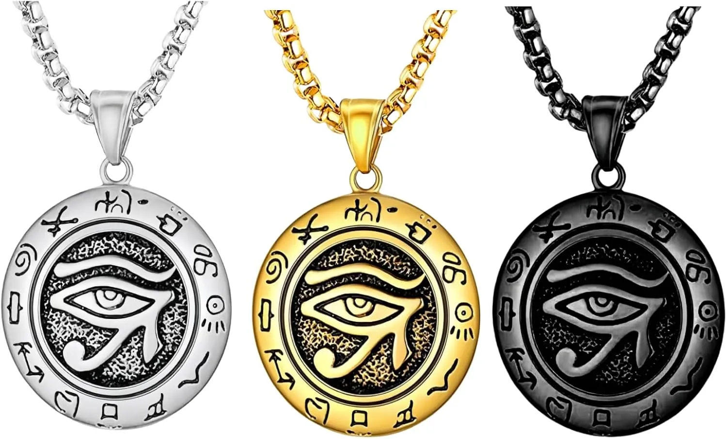 3Pack Set Eye of Horus Pendant Chain Necklace for Men Women,Stainless Steel Ancient Egyptian Men Necklaces,Titanium Steel Black Gold Silver Egyptian Eye of Ra Horus Pendant Charm Protection Amulet Necklace Jewelry for Men Women