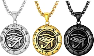 3Pack Set Eye of Horus Pendant Chain Necklace for Men Women,Stainless Steel Ancient Egyptian Men Necklaces,Titanium Steel Black Gold Silver Egyptian Eye of Ra Horus Pendant Charm Protection Amulet Necklace Jewelry for Men Women