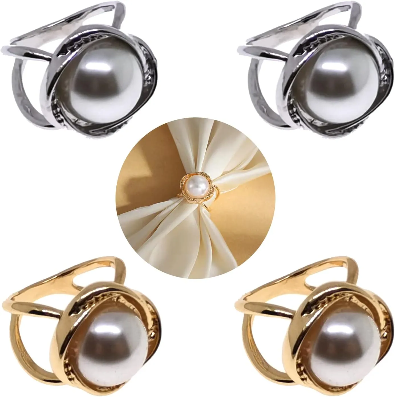 4PCS Scarf Ring Buckle for Women Fashion Metal Shawl Clip with Ring Pearl Rhinestone, Clothing Wrap Holder Scarf Shawl Tie for Lady Decoration Accessories (Gold Silver)