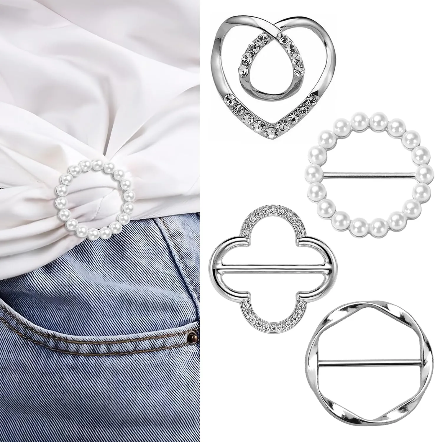 4PCS Scarf Ring - T-shirt Ties Cinch Clip Dress Clips for Women Shirt Waist Cincher Clips Tightener and Women Fashion Metal Round Circle Shirt Clip Buckle