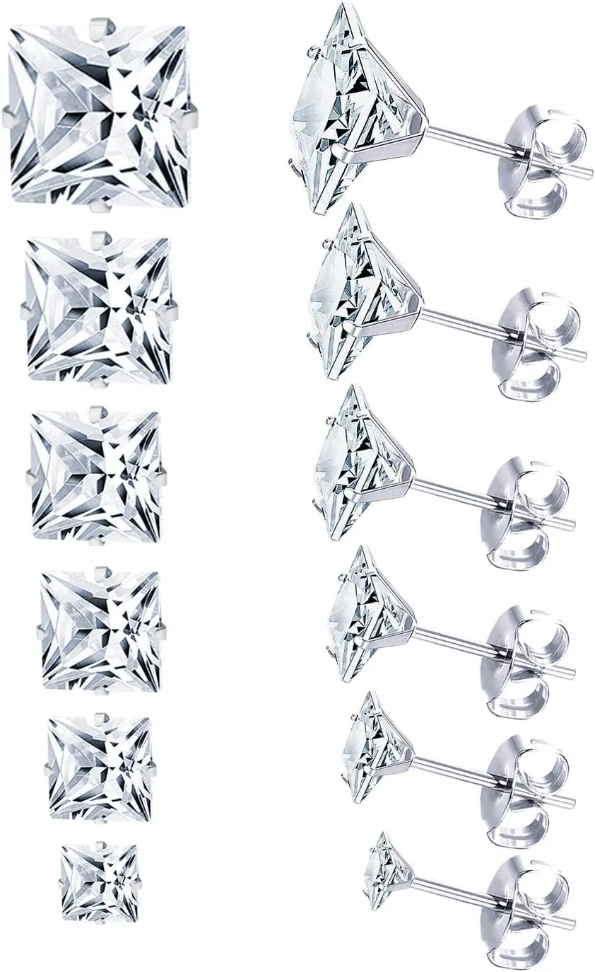 6 Pairs Stainless Steel Stud Earrings Hypoallergenic Cubic Zirconia 316L Earrings Stainless Steel CZ Earrings 3-8mm for Women Girls