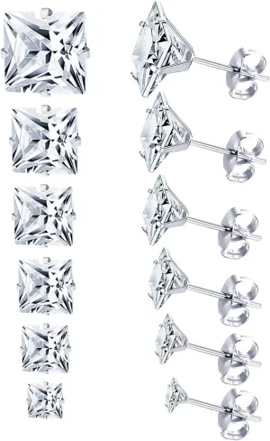 6 Pairs Stainless Steel Stud Earrings Hypoallergenic Cubic Zirconia 316L Earrings Stainless Steel CZ Earrings 3-8mm for Women Girls