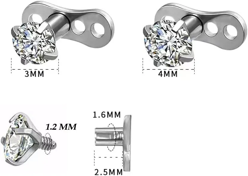 8Pcs 14g Stainless Steel Cubic Zirconia/Opal Dermal Anchor Tops and Base Microdermals for Body Piercing