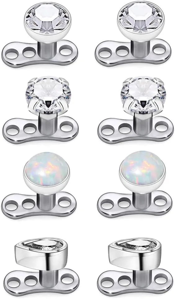 8Pcs 14g Stainless Steel Cubic Zirconia/Opal Dermal Anchor Tops and Base Microdermals for Body Piercing