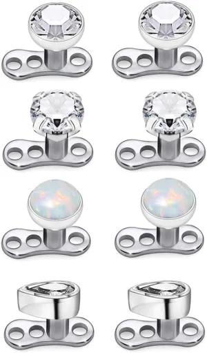 8Pcs 14g Stainless Steel Cubic Zirconia/Opal Dermal Anchor Tops and Base Microdermals for Body Piercing