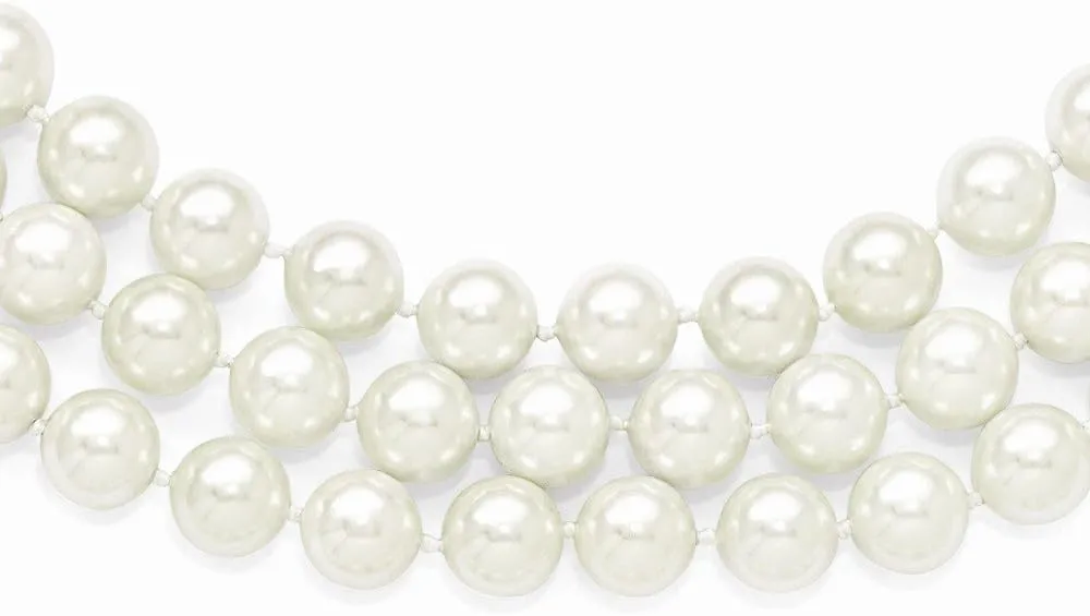 925 Sterling Silver 3 Row 10-11mm White Imitation Shell Pearl Necklace