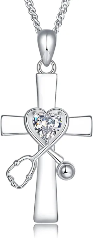925 Sterling Silver Christian Cross Stethoscope Necklace - Inspirational Medical Jewelry Gift for Nurses, Doctors & Healthcare Professionals - Birthday, Valentines Day, Nurse Graduation Gift