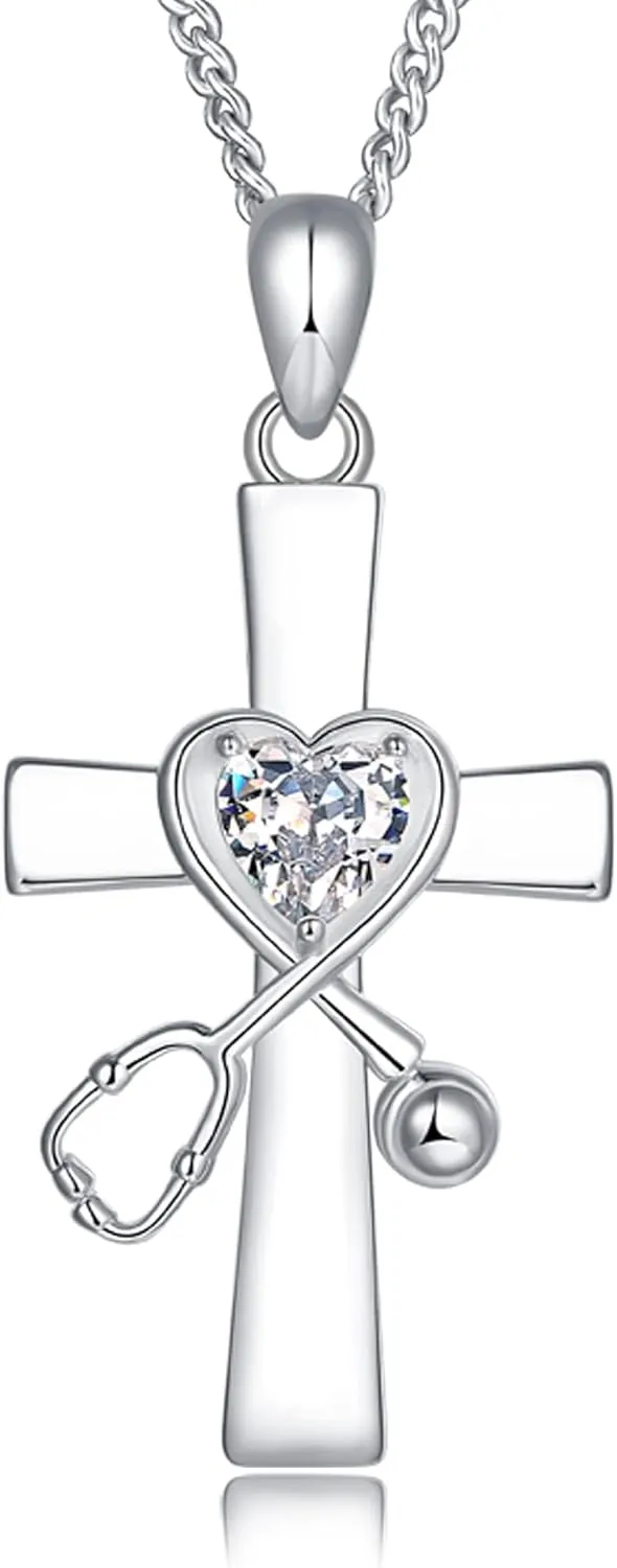 925 Sterling Silver Christian Cross Stethoscope Necklace - Inspirational Medical Jewelry Gift for Nurses, Doctors & Healthcare Professionals - Birthday, Valentines Day, Nurse Graduation Gift