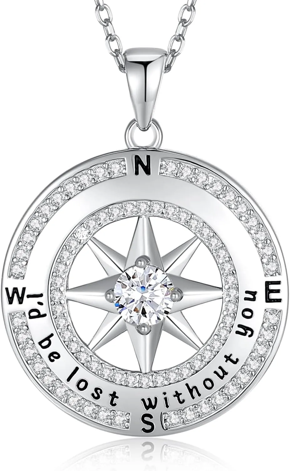 925 Sterling Silver Compass Necklace for Women, Wife Anniversary Necklaces for Her, Love Jewelry for Girlfriend Birthday Valentines Day Christmas, Mothers Day Gifts for Mom, Birthstone Pendant Engraved with I'd be Lost without You