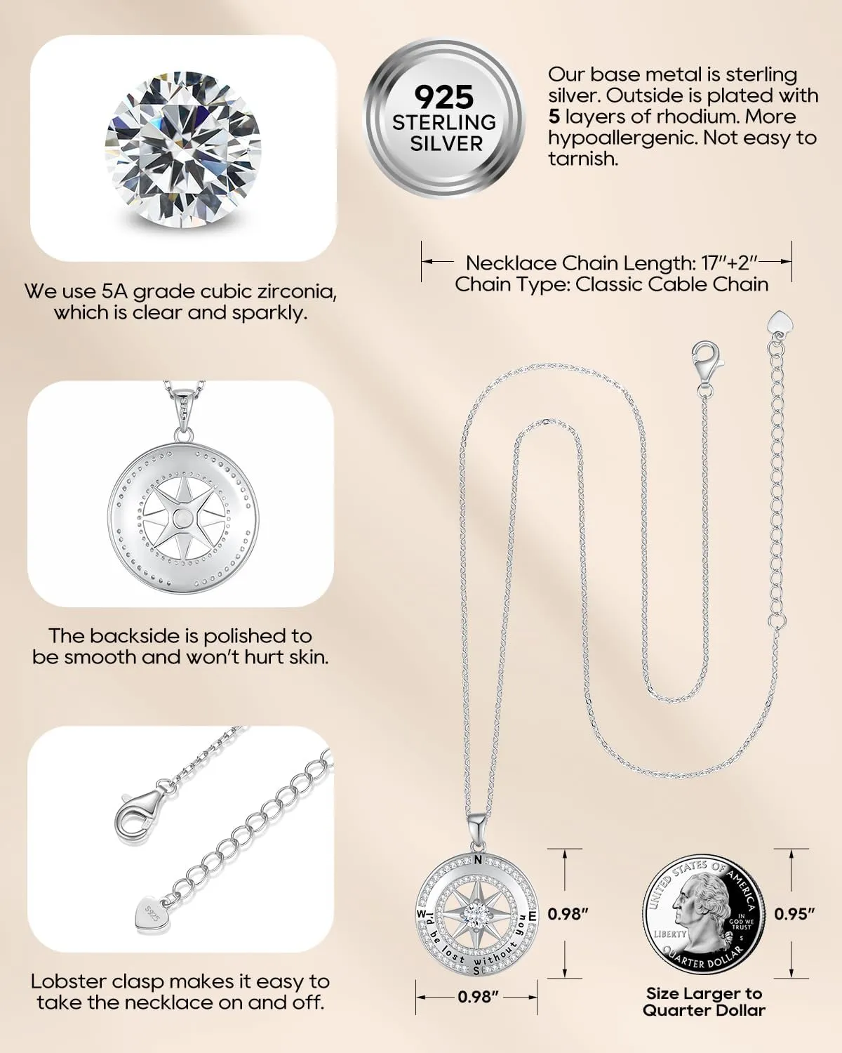 925 Sterling Silver Compass Necklace for Women, Wife Anniversary Necklaces for Her, Love Jewelry for Girlfriend Birthday Valentines Day Christmas, Mothers Day Gifts for Mom, Birthstone Pendant Engraved with I'd be Lost without You