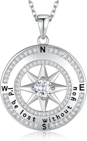 925 Sterling Silver Compass Necklace for Women, Wife Anniversary Necklaces for Her, Love Jewelry for Girlfriend Birthday Valentines Day Christmas, Mothers Day Gifts for Mom, Birthstone Pendant Engraved with I'd be Lost without You