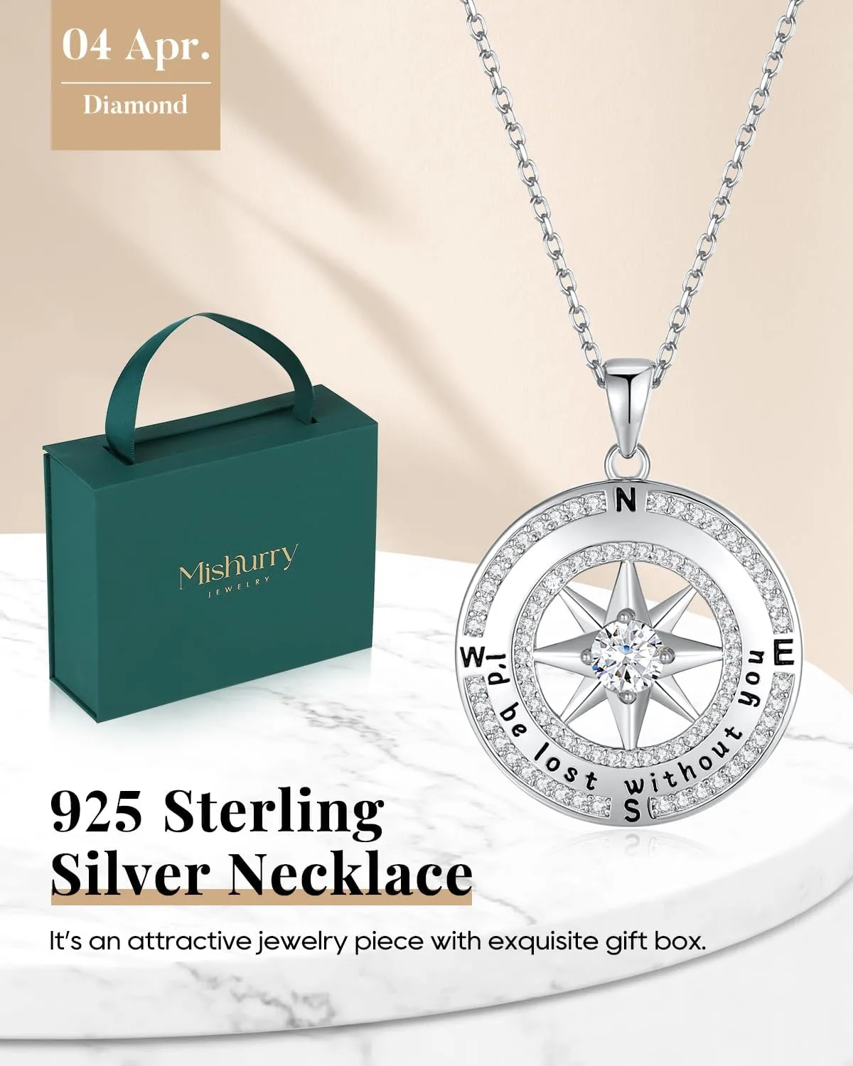 925 Sterling Silver Compass Necklace for Women, Wife Anniversary Necklaces for Her, Love Jewelry for Girlfriend Birthday Valentines Day Christmas, Mothers Day Gifts for Mom, Birthstone Pendant Engraved with I'd be Lost without You