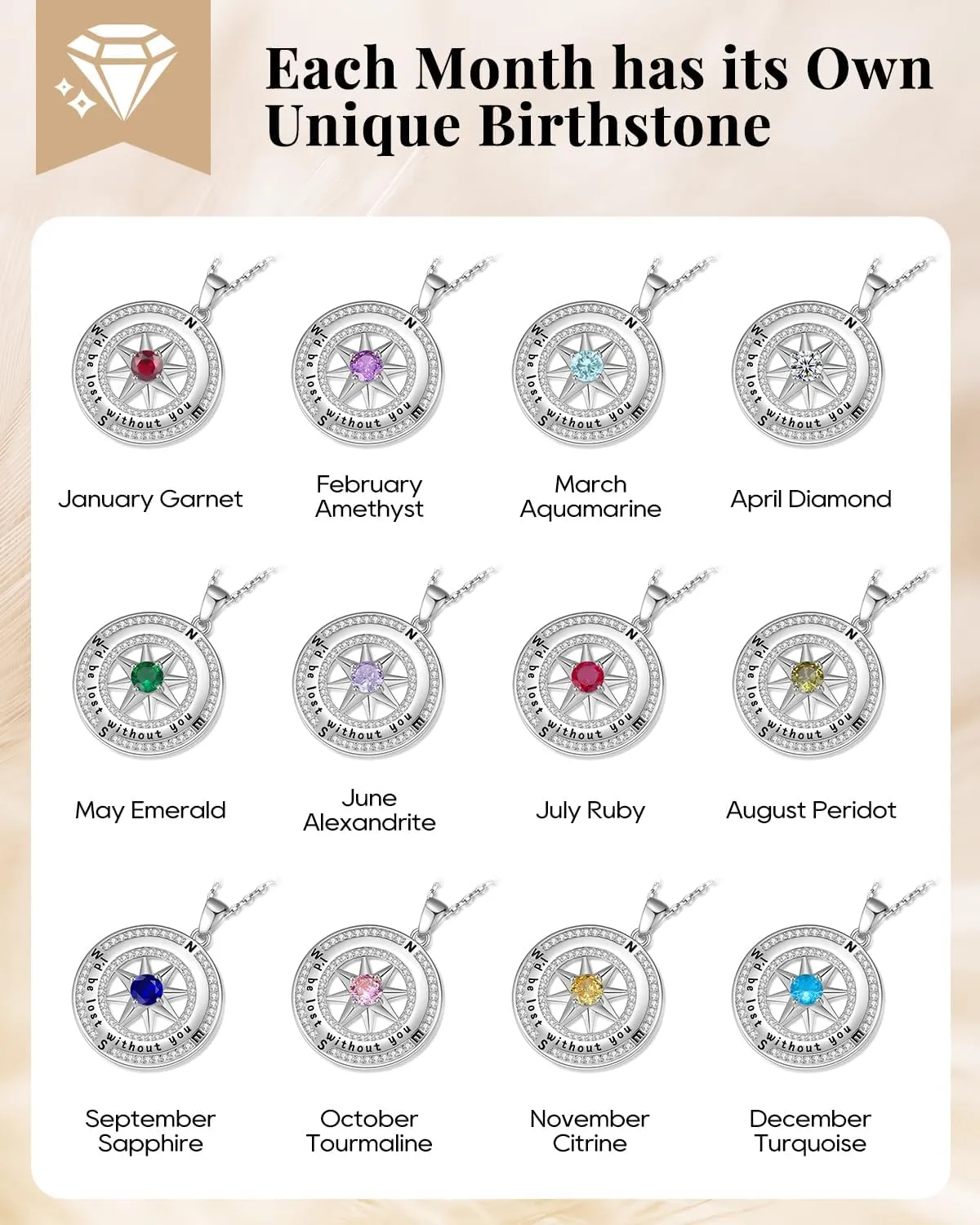 925 Sterling Silver Compass Necklace for Women, Wife Anniversary Necklaces for Her, Love Jewelry for Girlfriend Birthday Valentines Day Christmas, Mothers Day Gifts for Mom, Birthstone Pendant Engraved with I'd be Lost without You
