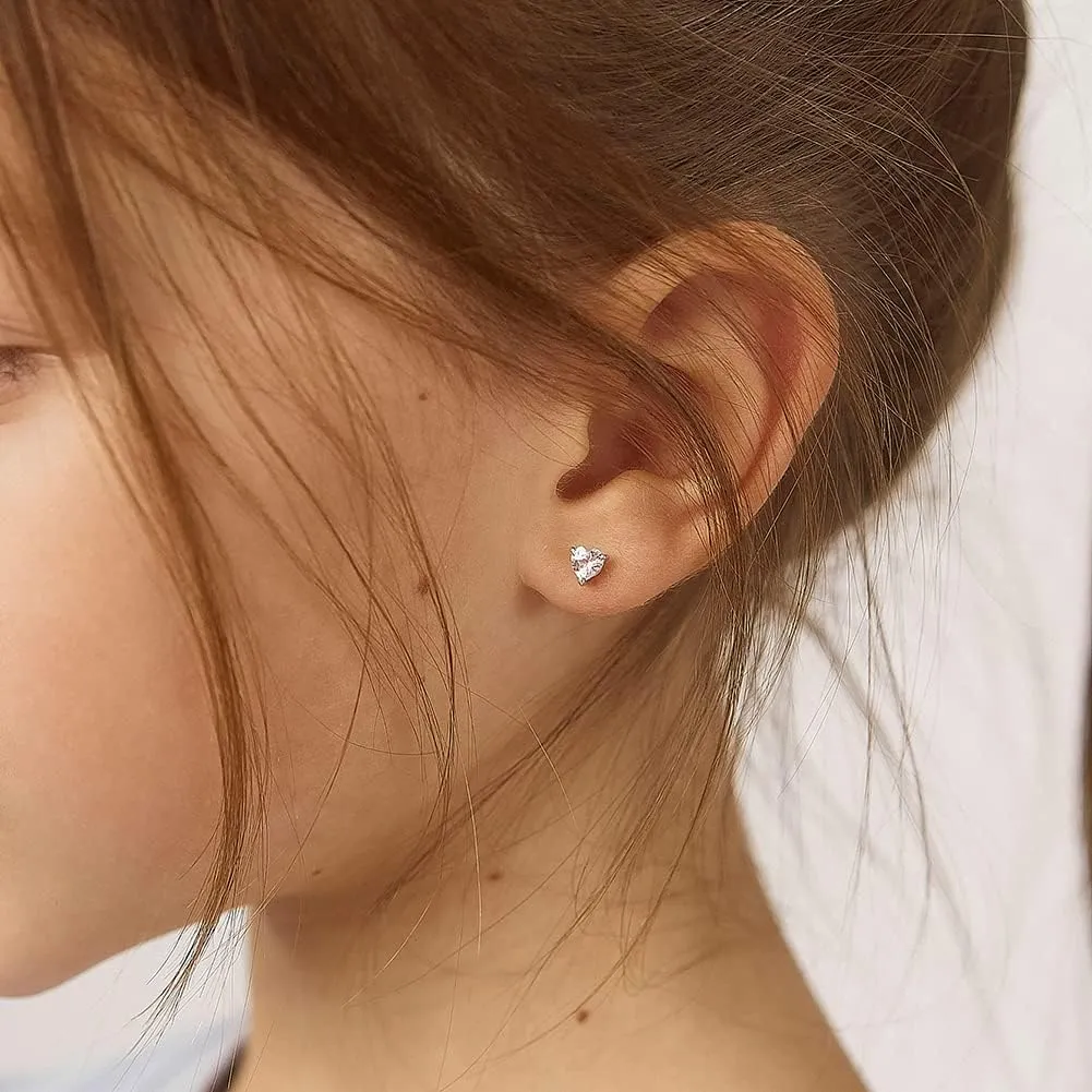 925 Sterling Silver Girls CZ Heart Hypoallergenic Safety Screw Back Earrings - Adorable 5mm Heart Earrings for Young Girls - Great Jewelry for Everyday Wear for Toddlers to Teens