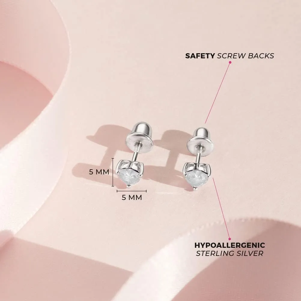 925 Sterling Silver Girls CZ Heart Hypoallergenic Safety Screw Back Earrings - Adorable 5mm Heart Earrings for Young Girls - Great Jewelry for Everyday Wear for Toddlers to Teens