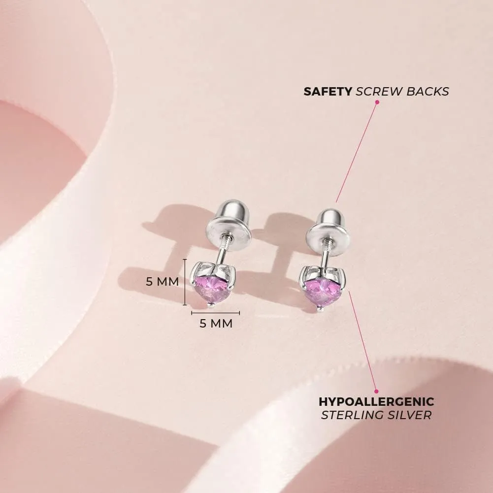 925 Sterling Silver Girls CZ Heart Hypoallergenic Safety Screw Back Earrings - Adorable 5mm Heart Earrings for Young Girls - Great Jewelry for Everyday Wear for Toddlers to Teens