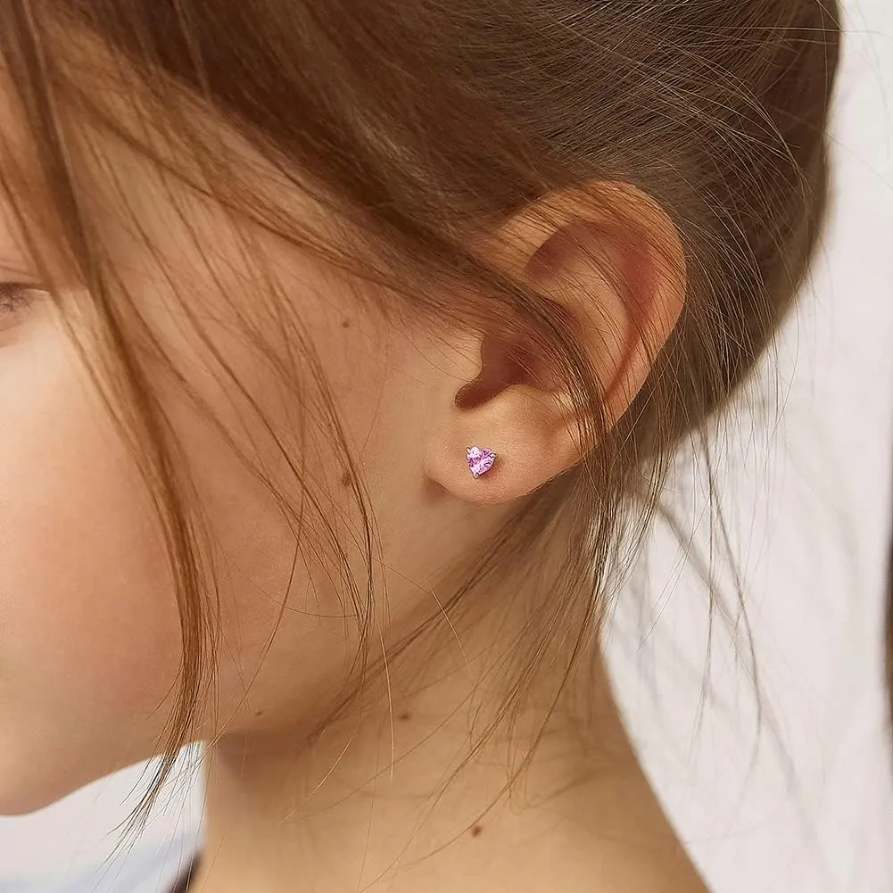 925 Sterling Silver Girls CZ Heart Hypoallergenic Safety Screw Back Earrings - Adorable 5mm Heart Earrings for Young Girls - Great Jewelry for Everyday Wear for Toddlers to Teens