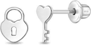 925 Sterling Silver Loving Heart Lock and Key Safety Screw Back Earrings For Little Girls - Children's Heart Themed Jewelry For Everyday Wear - Heart Jewelry For Girls