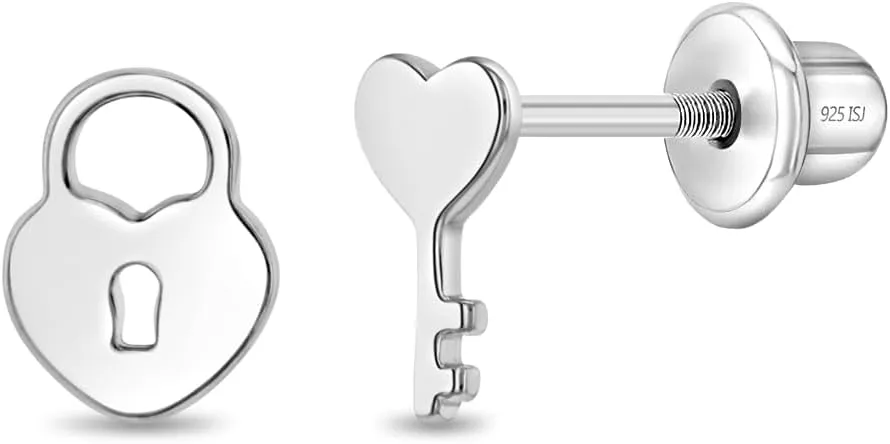 925 Sterling Silver Loving Heart Lock and Key Safety Screw Back Earrings For Little Girls - Children's Heart Themed Jewelry For Everyday Wear - Heart Jewelry For Girls