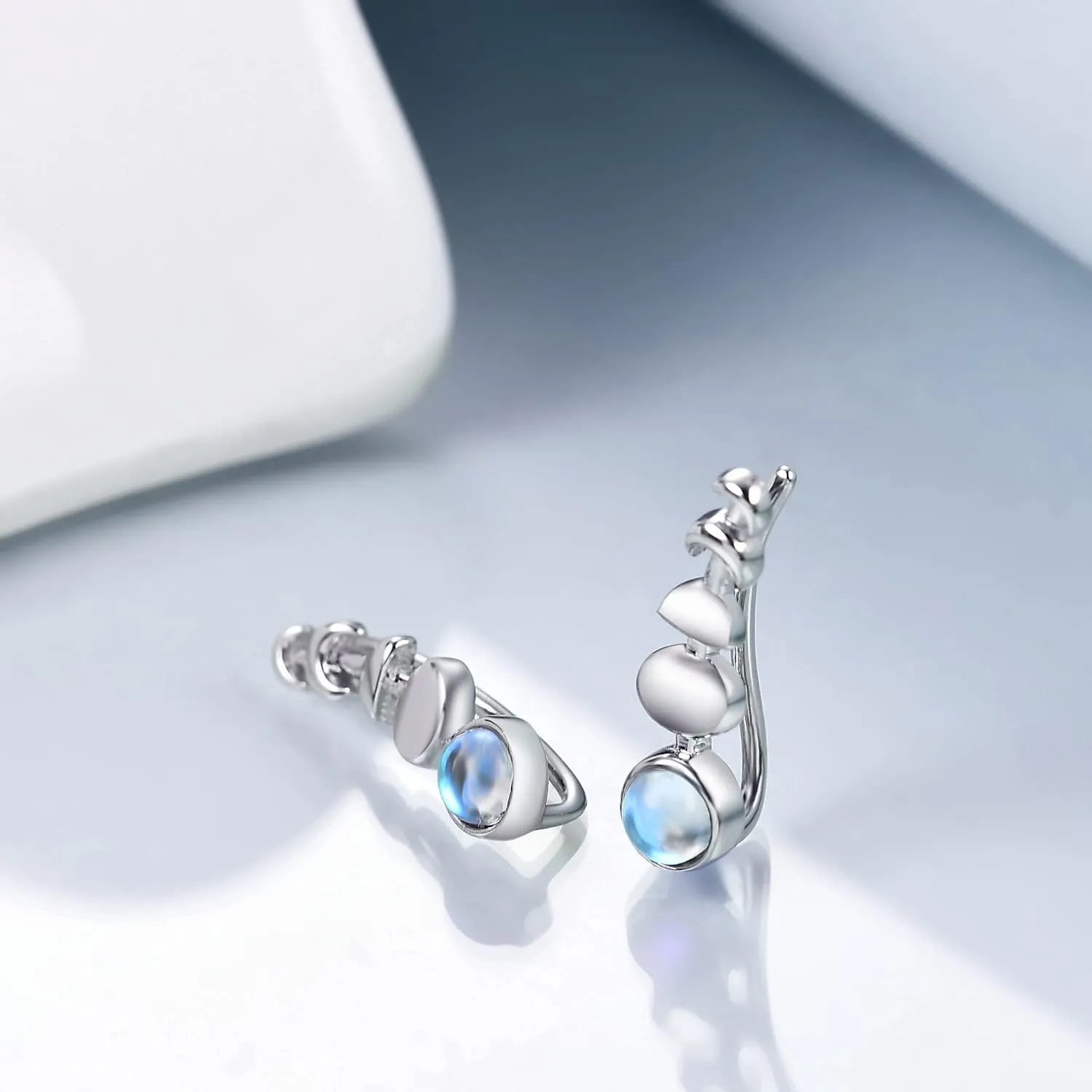 925 Sterling Silver Moon Phase Ear Crawler Cuff Earrings Ear Climber Hypoallergenic Moonstone Earrings