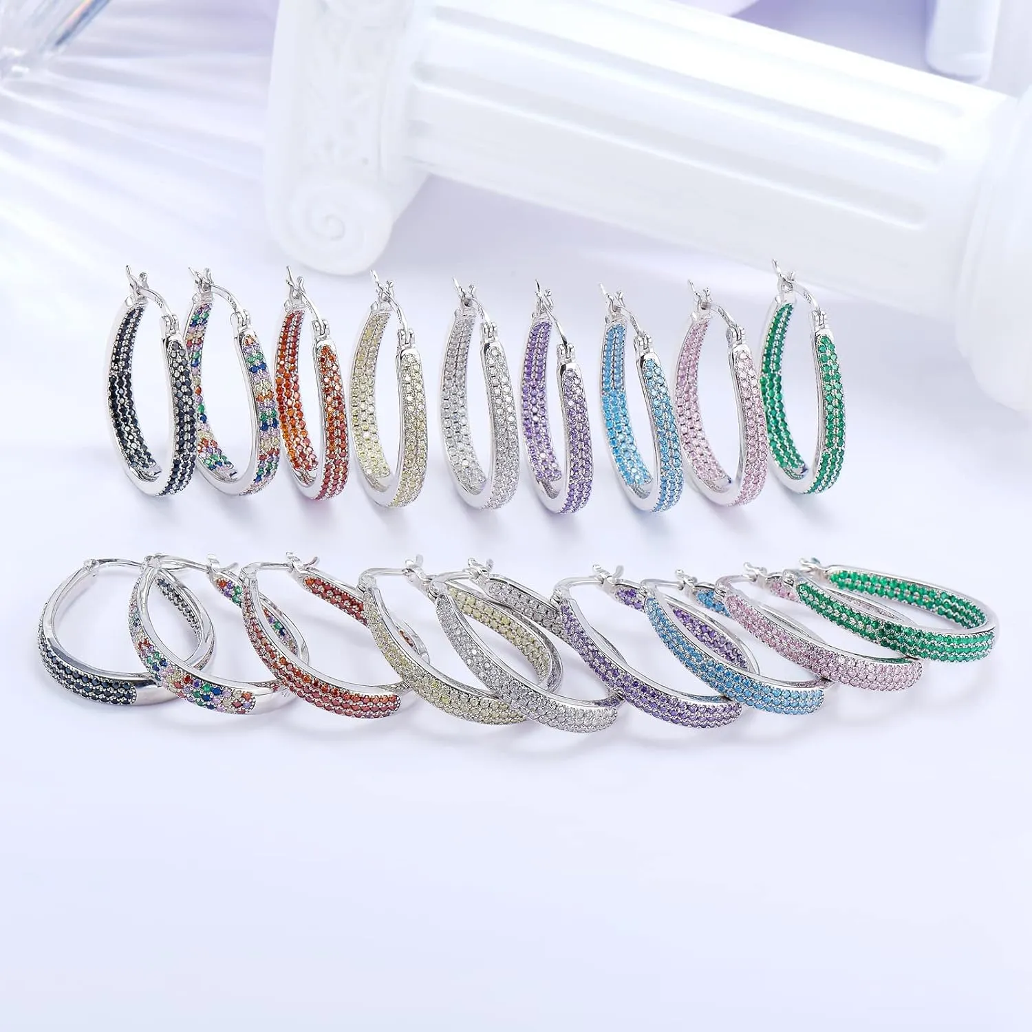 925 Sterling Silver Post Hoop Earrings for Women Gilrs Multcolors Cubic Zirconia 14K Gold Plated Oval Chunky Silver Gold Hoop Earrings weinuo Jewelry