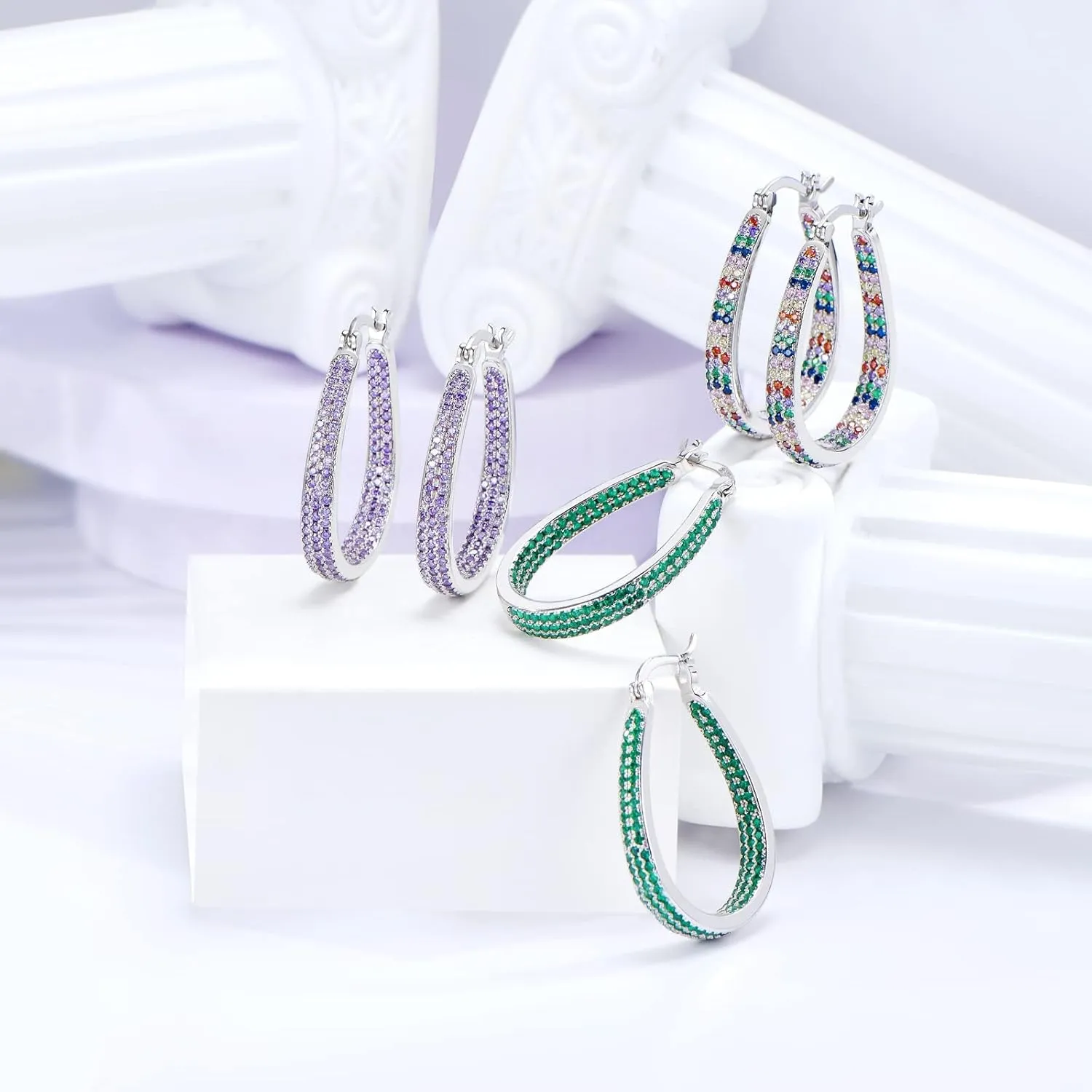 925 Sterling Silver Post Hoop Earrings for Women Gilrs Multcolors Cubic Zirconia 14K Gold Plated Oval Chunky Silver Gold Hoop Earrings weinuo Jewelry