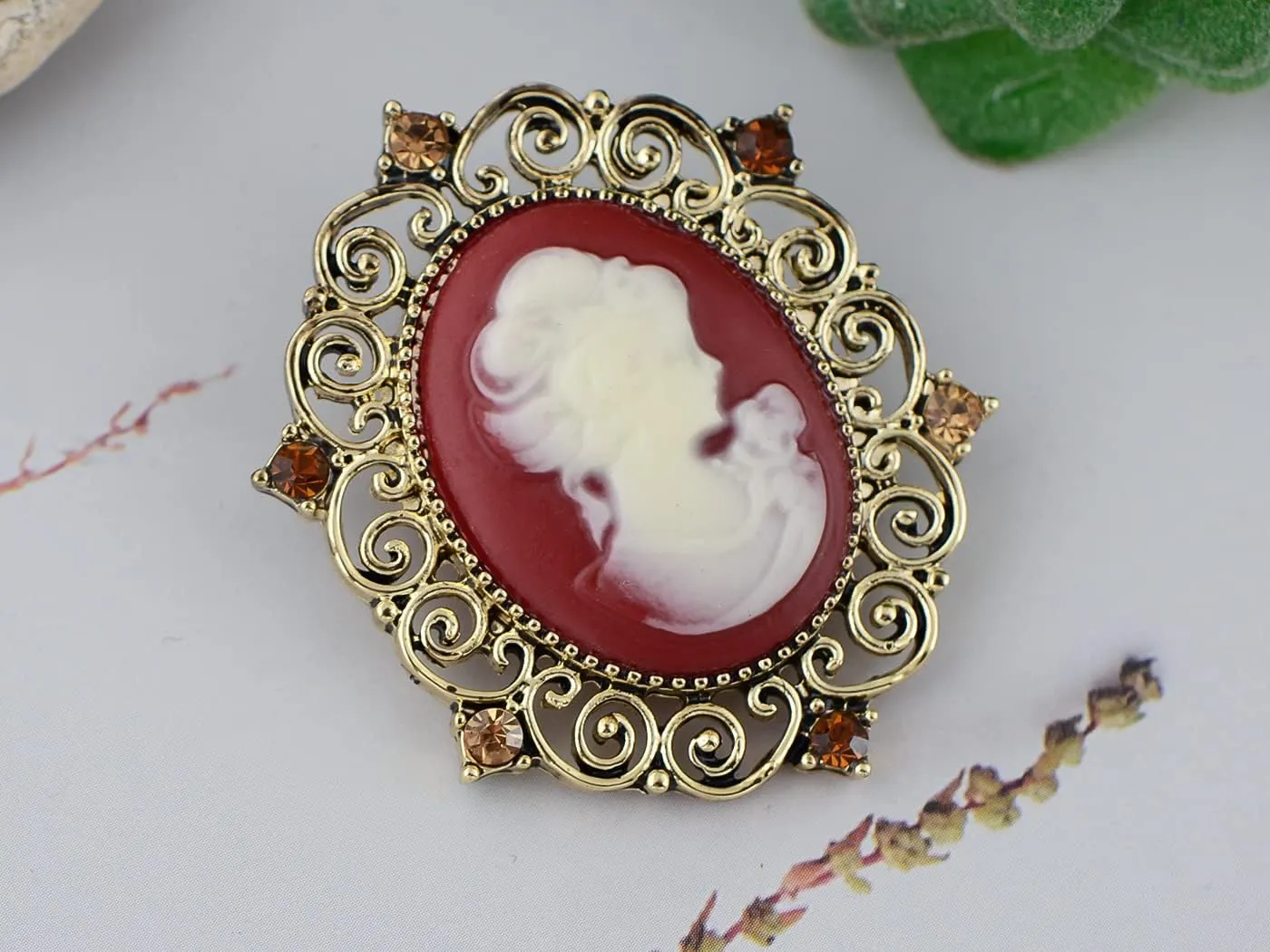 Alilang Vintage Brooch Pin Women Antique Golden Tone Victorian Floral Purple Cameo