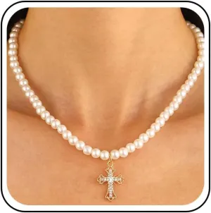 Andelaisi Boho Pearl Choker Necklace Gold Imitation Pearl Necklace Vintage Crystal Cross Necklace Chain Shiny Cz Paved Cross Crucifix Necklace Pearl Necklace Earrings Set Jewelry for Women