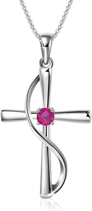 Angelady Cross Necklace for Women, S925 Silver Pendant Cross Necklace for Women Man, 5A CZ Birthstone Necklaces for Teen Girls Gifts for Valentine's Day, Birthday Jewelry Gift for Her (Silver-3)