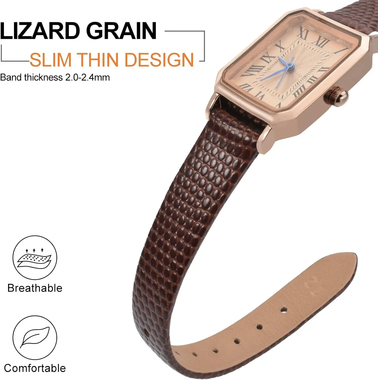 ANNEFIT Women's Leather Watch Band 10mm 12mm 13mm 14mm 15mm 16mm 18mm 20mm, Lizard Grain Slim Thin Replacement Strap