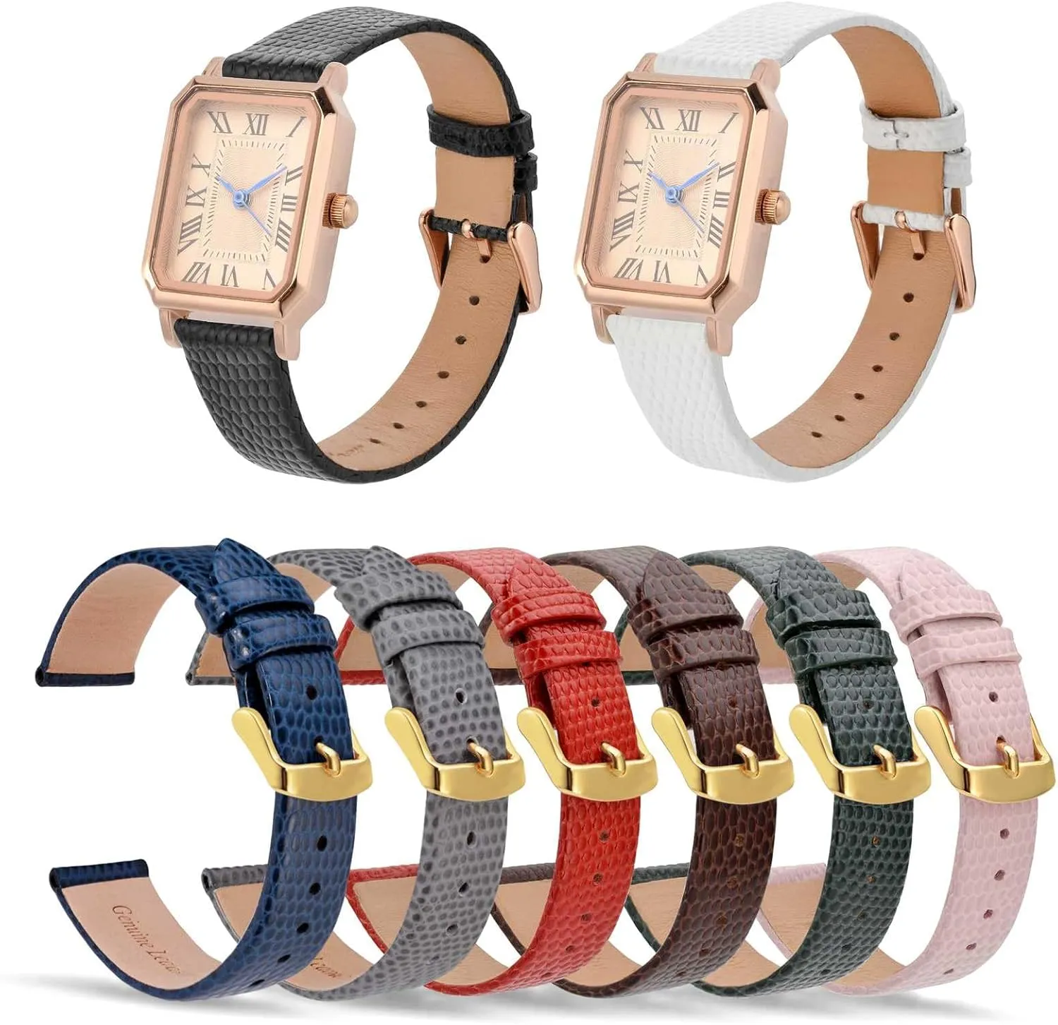ANNEFIT Women's Leather Watch Band 10mm 12mm 13mm 14mm 15mm 16mm 18mm 20mm, Lizard Grain Slim Thin Replacement Strap