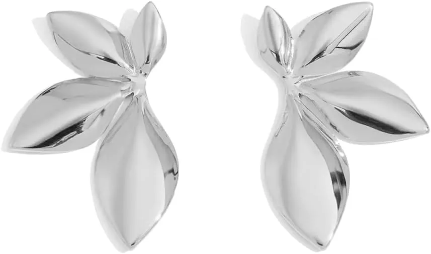 Asymmetric Leaf Flower Chunky Big Stud Earrings for Women Dainty Minimalist Silver Gold Plated Flower Studs Short Dangle Drop Hypoallergenic Fashion Trendy Jewelry Birthday Gift Her